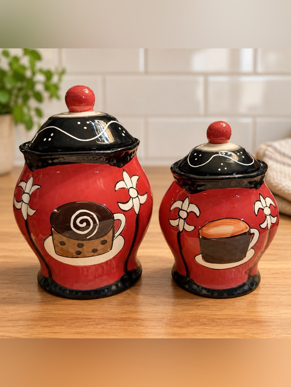 Casa Vero Coffee Canister Set of 2 Red Black Ceramic Kitchen Jars with Lids